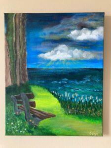 Acryl op doek, rustpunt over woelige zee en lucht