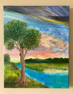 Unieke boom in landschap, acryl op doek, geeft weidsheid en vertrouwen weer