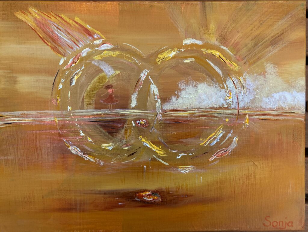 Intuïtieve schildering van een vrouw die zichzelf ontmoet, acryl op doek, straalt mogelijkheden uit