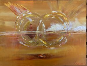 Intuïtieve schildering van een vrouw die zichzelf ontmoet, acryl op doek, straalt mogelijkheden uit