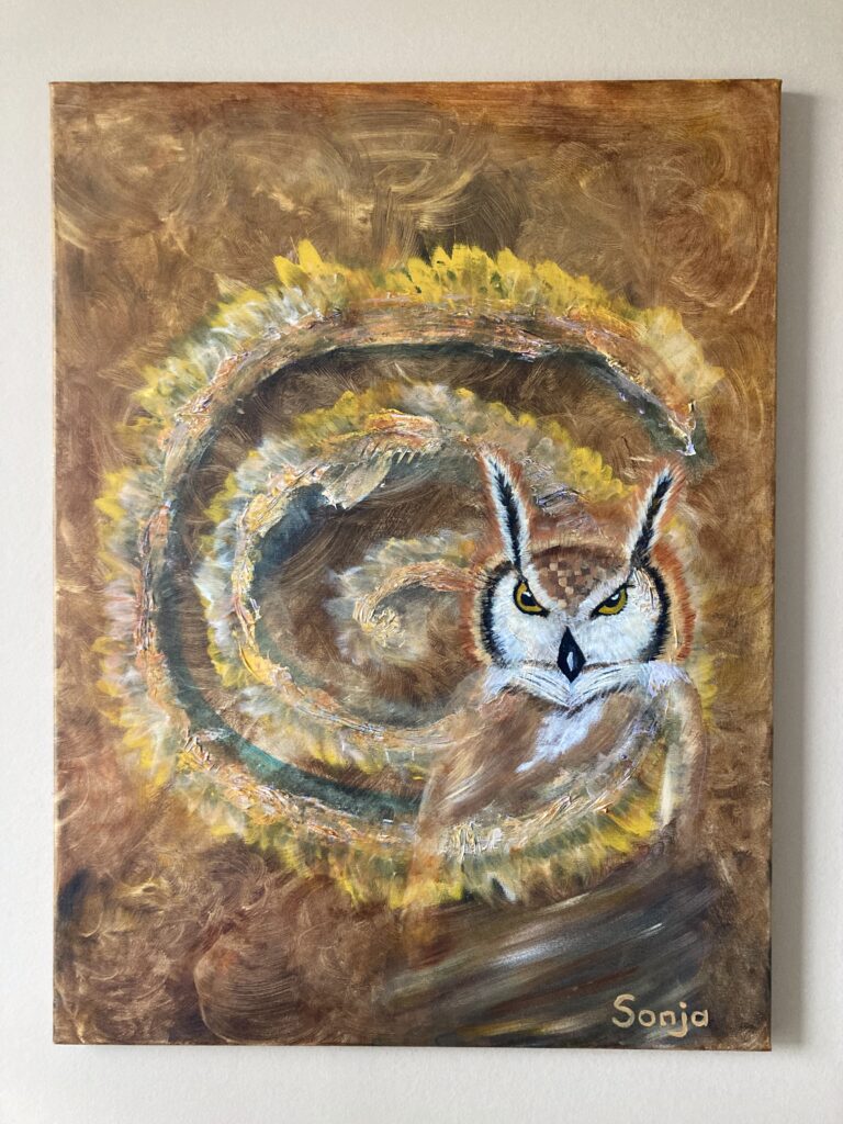 Kunstwerk van een uil in een spiraal, straalt wijsheid in de beweging uit
